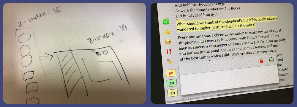 Photo of a crude sketcha and a working prototype of the annotation functionality.